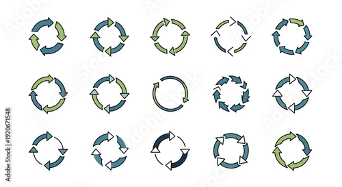 Set of circular arrow icons for refresh, recycle, loop, and continuous process concepts