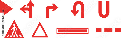 Collection of red road signs and arrows