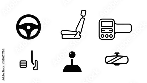 Car Interior Icons: Steering Wheel, Seat, Gear Shift, Pedals, Rearview Mirror, Device