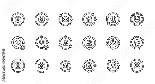 User Management Lifecycle Line Icons Set: Customer Profile, Account Update, Client Interaction