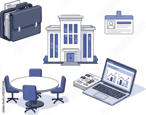 Business and finance icons set with office building and laptop