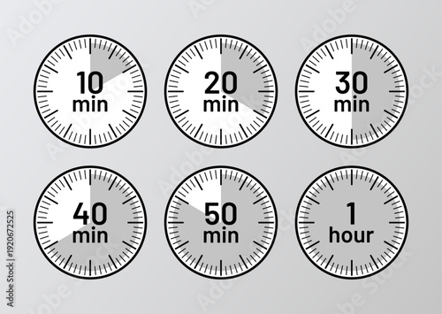 Stopwatches with different minutes from 10 to 60. Timer, clocks symbols in circle shape. Countdown timer set. Chronometer deadline icons isolated. Vector illustration. Cooking indicators in flat desig