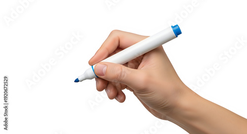 Hand Holding White Whiteboard Marker with Blue Cap and Tip in Natural Writing Pose Isolated on Transparent Background for Presentation Mockup