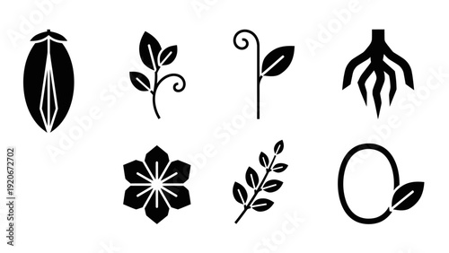 Botanical Icons: Seed, Leaf, Sprout, Root, Flower, Branch, Oval Plant