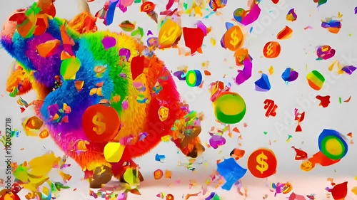 A colorful video of a rainbow bull with confetti on its body