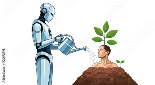 A futuristic robot watering a human head emerging from the soil with a robot nurturing a person