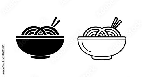 Simple noodle bowl with chopsticks icon, silhouette and line art, Asian food symbol