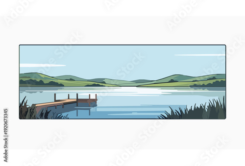 Lake Kaw Reservoir Oklahoma Scenic Landscape Vector Illustration with Water Reflection and Rolling Hills