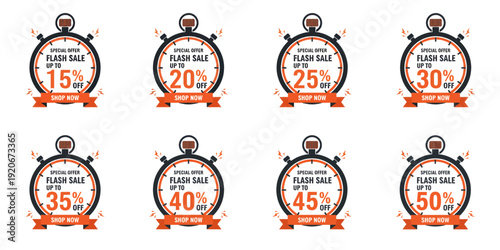 A set of discount labels with varying percentage discounts for a promotional advertising campaign