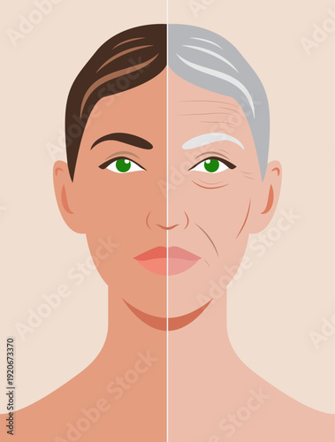 Flat portrait of female face depicting the contrast between aged, wrinkled skin and versus smooth, youthful face