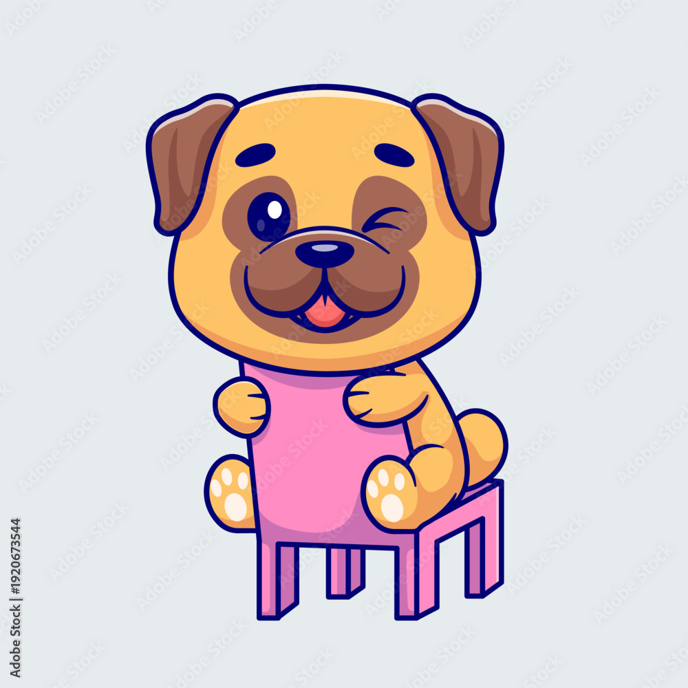 Fototapeta premium Cute Pug Dog Sitting on Chair Cartoon