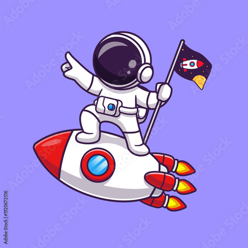 Cute Astronaut Flying With Rocket And Flag Cartoon