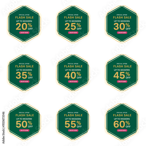 A promotional label set featuring various discount percentages for a flash sale advertising campaign