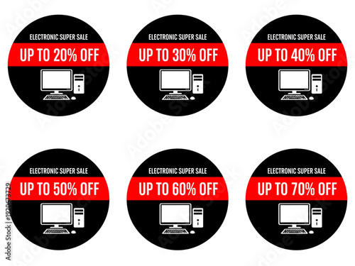 A set of discount labels for an electronic super sale promotion displayed on a white background with various percentage discounts for advertising purposes