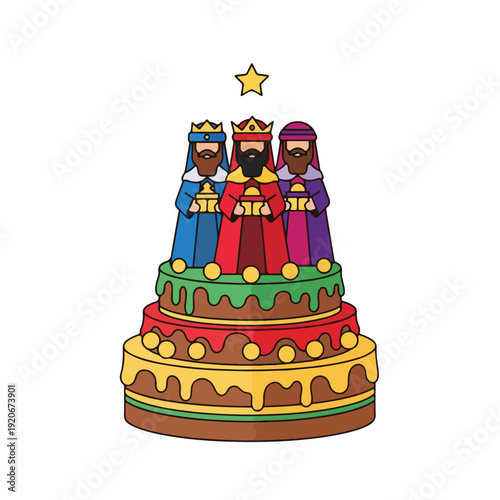 Three Wise Men Standing on a Colorful Tiered Christmas Cake