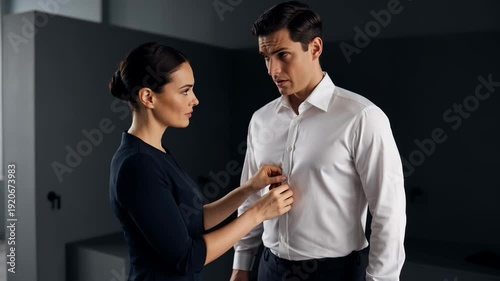 A businesswoman adjusting a man's white shirt in a dark room with professional attire and a formal atmosphere
