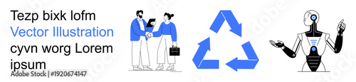 Business innovation, sustainable practices, eco-friendliness, digital advancement, AI technology, teamwork. Professionals collaborating, recycling symbol futuristic robot. Business innovation