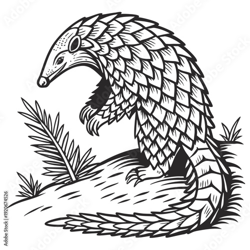 Pangolin illustration on forest floor surrounded by foliage viewed from side