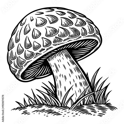 A detailed black and white illustration of a mushroom growing in the grass from a low angle viewpoint