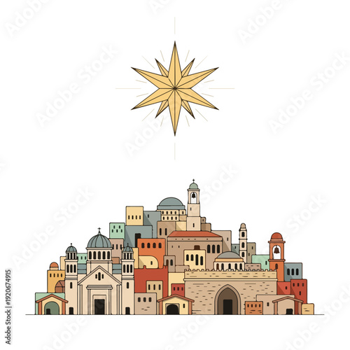 Bethlehem cityscape with star of Bethlehem on white background