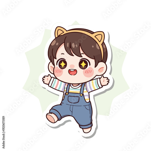 Cute cartoon child in cat ears headband and overalls