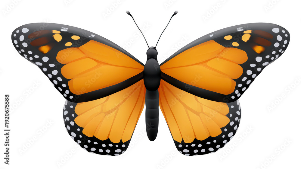 Obraz premium Orange butterfly with black and white spotted wings, symmetrical pattern, detailed insect illustration, isolated on transparent background, vibrant and realistic style