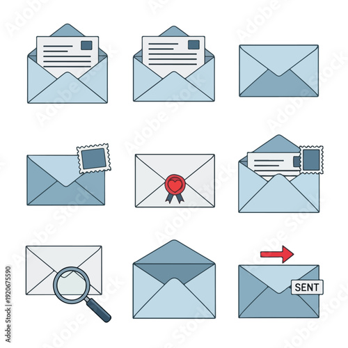 Email icons set with various message states and actions