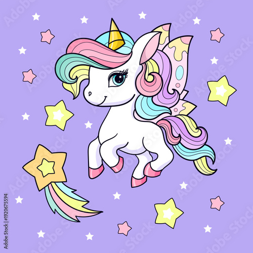 A little white unicorn with butterfly wings flies among the stars. Suitable for children's prints, posters, cards, stickers, etc. Vector illustration