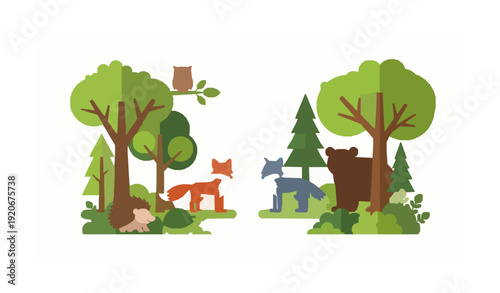 Playful woodland forest animals layered cartoon vector illustration isolated on white