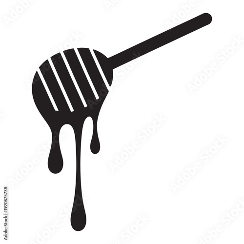 Honey dipper stick with dripping honey, black silhouette vector, honey stick icon illustration, sweet food utensil design
