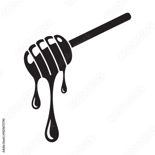 Honey dipper stick vector, dripping honey black silhouette, honey stick icon illustration, culinary and sweet food design element