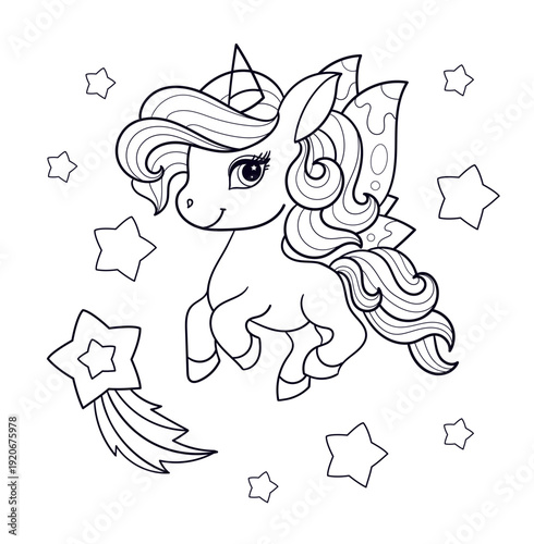 A little unicorn among the stars. Black and white line drawing. Suitable for children's coloring books, notes, posters, cards, stickers, and puzzles. Vector illustration.