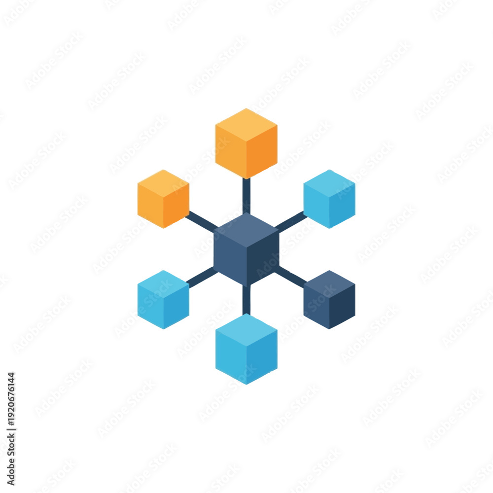 Obraz premium 3D isometric illustration of interconnected cubes in blue and orange shades.