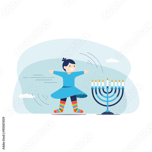 Joyful Child Celebrating Hanukkah With Menorah Illumination