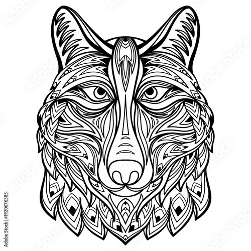 Hand drawn stylized silhouette of wolf head. Coloring book page antistress with predatory tribal animal. Black outline logo, emblem, tattoo. Vector sketch illustration isolated on white background