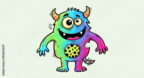 Colorful cartoon monster with horns and spotted belly standing alone in a white environment from a frontal viewpoint
