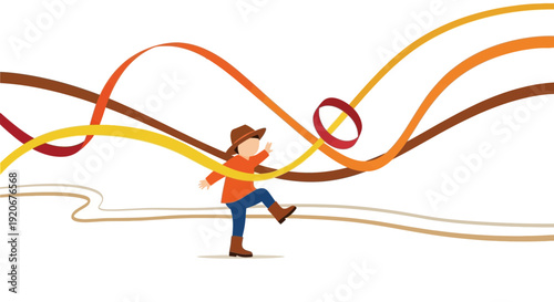 Joyful Child In Cowboy Hat Navigates Colorful Ribbon Obstacle Course