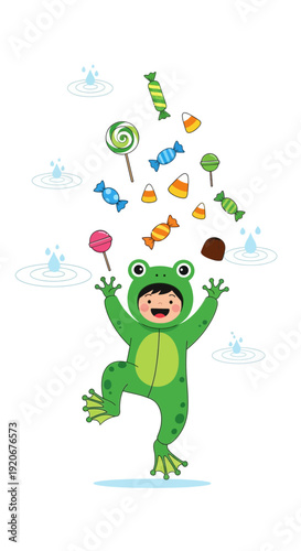 Joyful Child In Frog Costume Celebrates Candy Shower With Energetic Anticipation