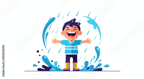 Joyful Child Embracing a Refreshing Rain Shower Amidst Splashing Puddles