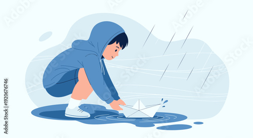 Joyful Child Launches Paper Boat Through Rainy Puddles Capturing Childhood Wonder