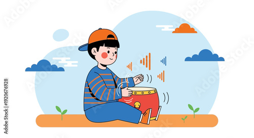 Joyful Child Playing Traditional Drum Outdoors with Sound Waves