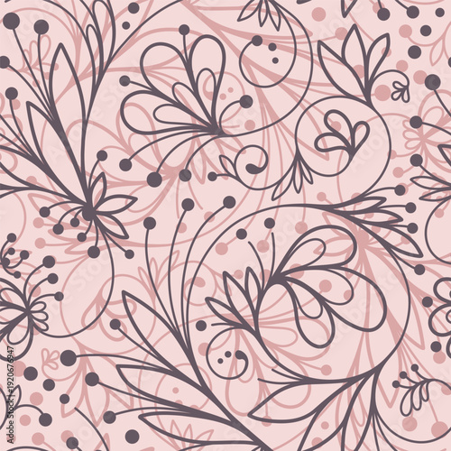 Abstract seamless pattern with openwork ornament of flower, leaves, branches, curl, swirl, flowing line. Floral ornamental texture. Hand drawn vector illustration for wallpaper, wrapping paper, fabric