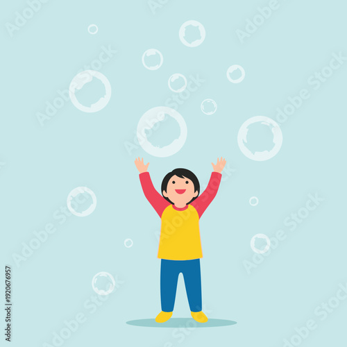 Joyful Child Playing With Bubbles On A Clear Day