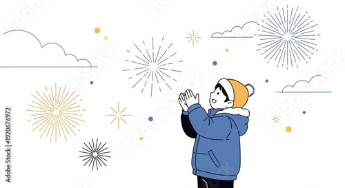 Joyful Child Gazing At Fireworks Display Against The White Backdrop