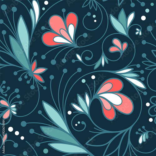 Abstract seamless pattern with openwork ornament of flower, leaves, branches, curls, flowing lines. Blue floral ornamental texture. Hand drawn vector illustration for wallpaper, wrapping paper, fabric