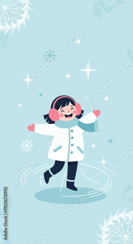 Joyful Child Gliding Gracefully On Ice During Winter Snowfall