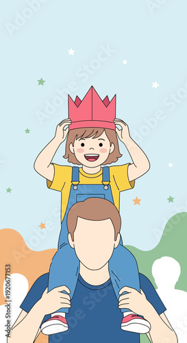 Joyful Child Wearing Paper Crown Rides Father's Shoulders Celebrating Family Moment