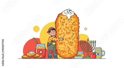 Joyful Child Hugging Giant Latke Celebrating Hanukkah Festive Food Traditions