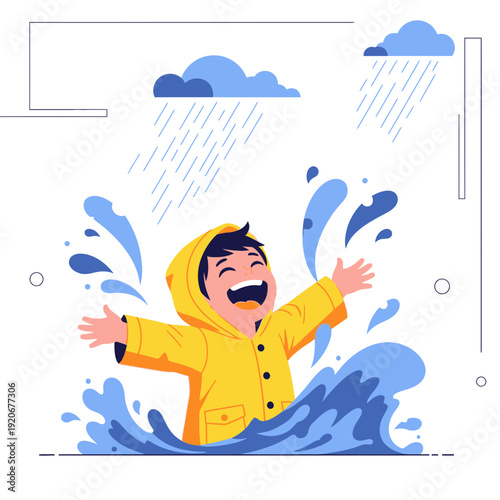 Joyful Child Relishes Playful Embrace of Rain, Spreading Delight and Happiness, Sunny Yellow