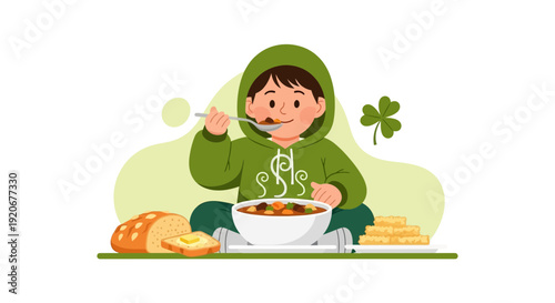 Joyful Child Relishes Hearty Stew with Bread and Scones On A Sunny Day